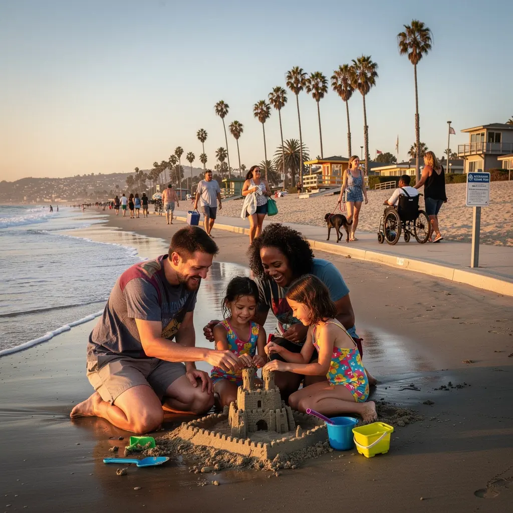 Dzieci bawiące się na plaży, z rodzicami pilnującymi ich z uśmiechem na twarzy.
